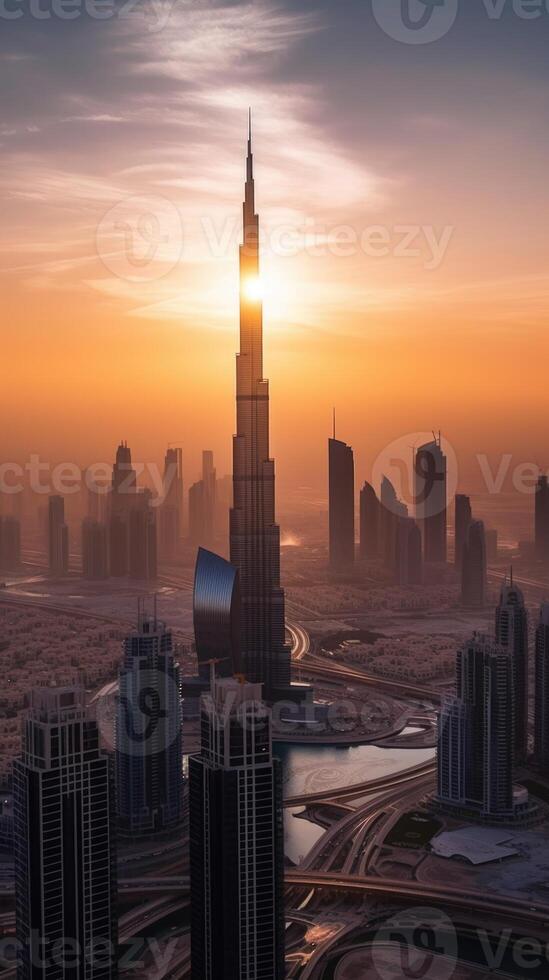 aéreo ver de burj califa y el jeque zayed la carretera intercambio, céntrico dubai en puesta de sol o amanecer vista. increíble turista destino, generativo ai tecnología. foto