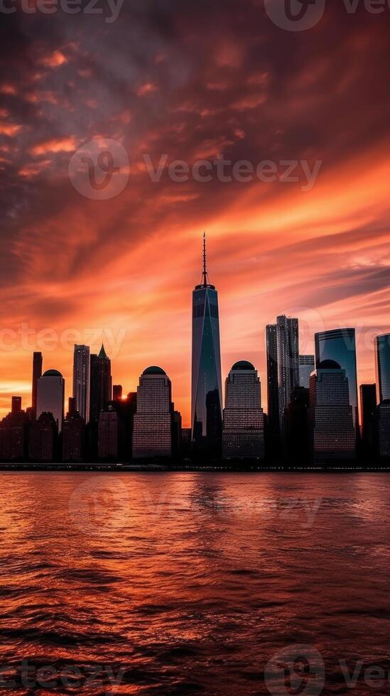 New York City, Lower Manhattan in Front of Water During Sunset or Sunrise. Generative AI Technology. photo