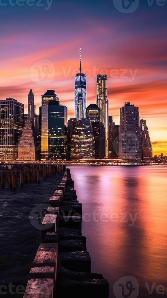 New York City, Lower Manhattan in Front of Water During Amazing Sunset. Technology. photo
