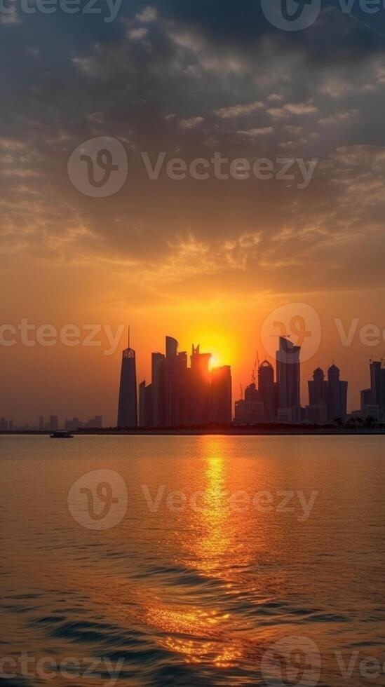 Skyscrapers of Doha, Qatar in Front of the West Bay During Sunset or Sunrise. Amazing Tourist Destination, Technology. photo