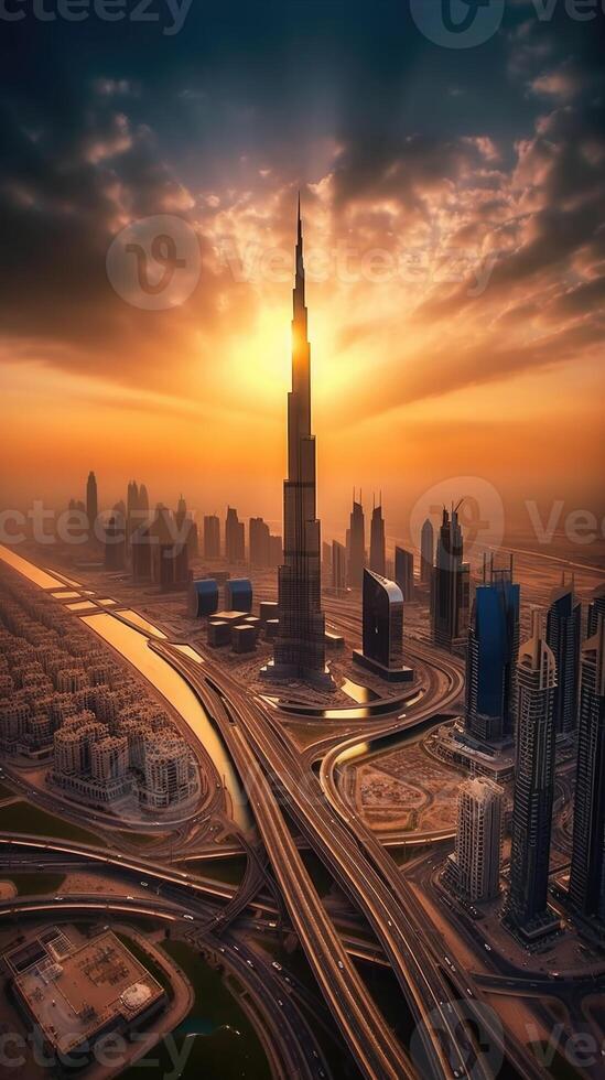 Aerial View of Burj Khalifa and the Sheikh Zayed Road Interchange, Downtown Dubai in Sunset or Sunrise View. Amazing Tourist Destination, Technology. photo