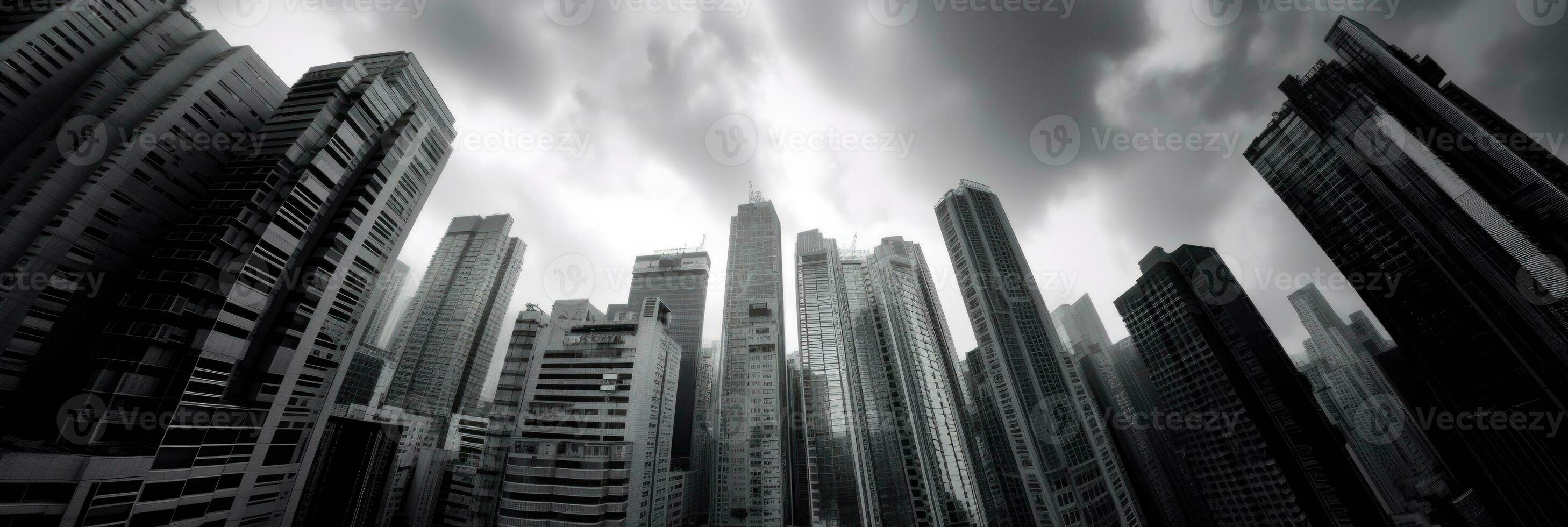 fondo ver de Alto edificios en contra gris cielo en el ciudad. real inmuebles y corporativo construcción, generativo ai tecnología. foto