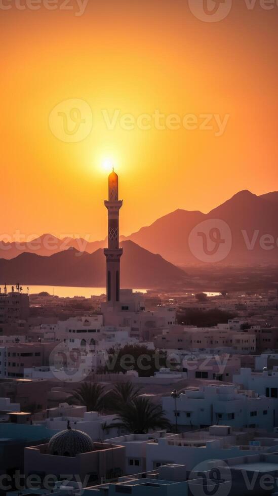 Sultanate of Oman, the Old Town of Muscat Buildings During Sunset or Sunrise. Technology. photo