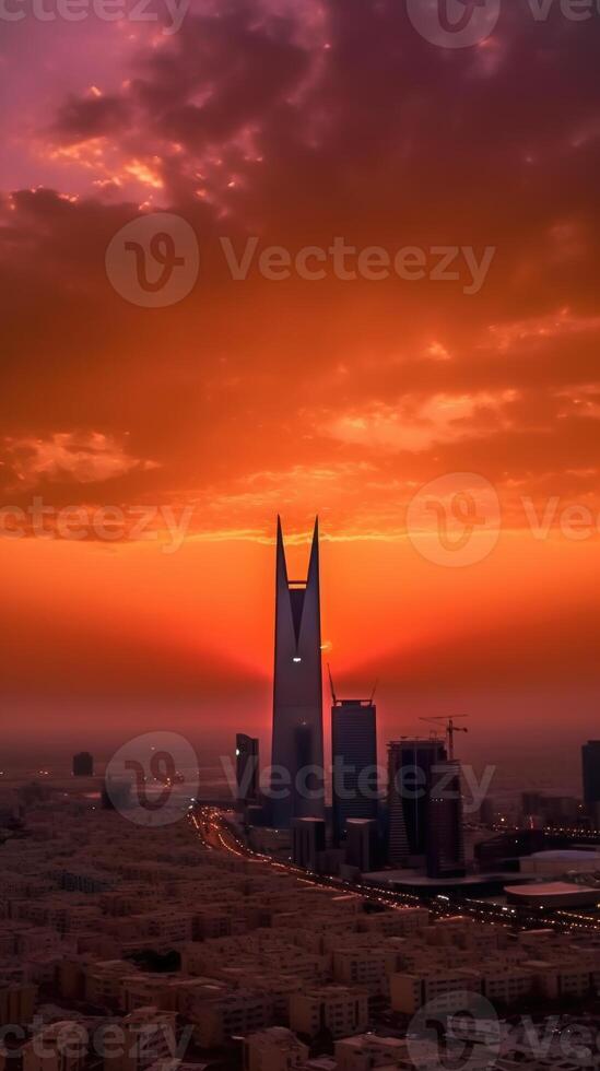 Amazing Sunset or Sunrise View Over the Skyscrapers Buildings in Modern City. Technology. photo