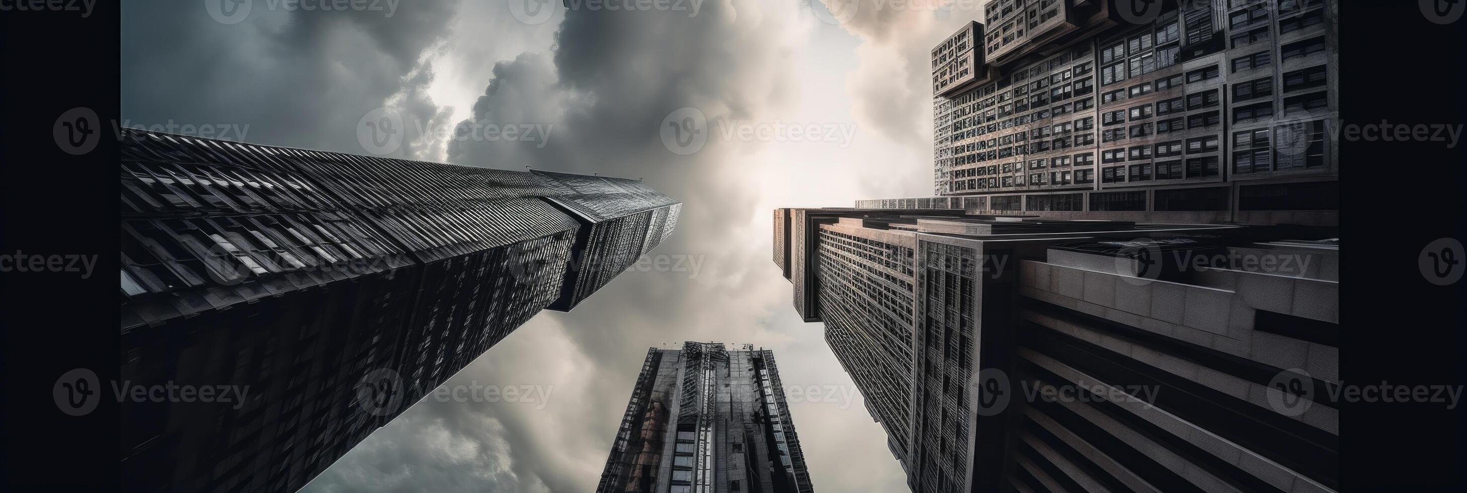 Low Angel View of High-Rise Buildings Against Gray Sky in Business District. Real Estate and Corporate Construction, Technology. photo
