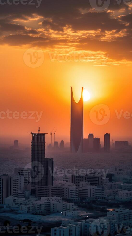 Amazing Sunset or Sunrise View Over the Skyscrapers Buildings in Saudi Arabia. Generative AI Technology. photo