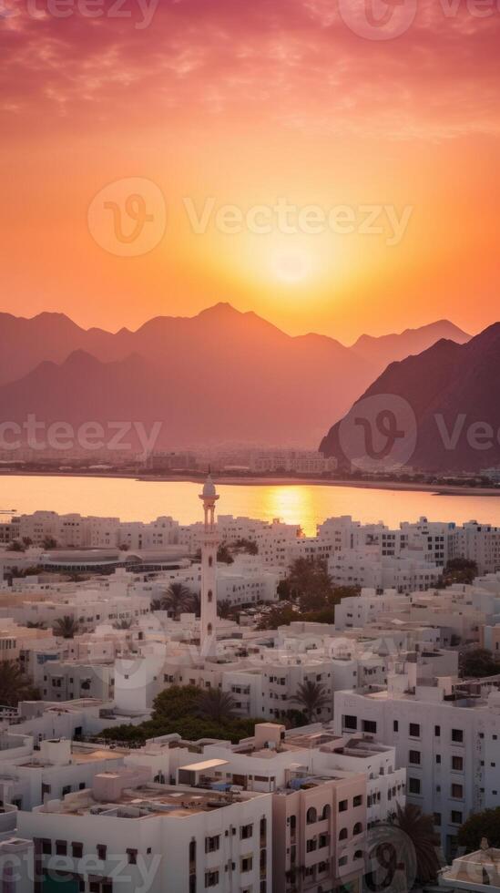 Sultanate of Oman, the Old Town of Muscat Buildings During Sunset or Sunrise. Technology. photo