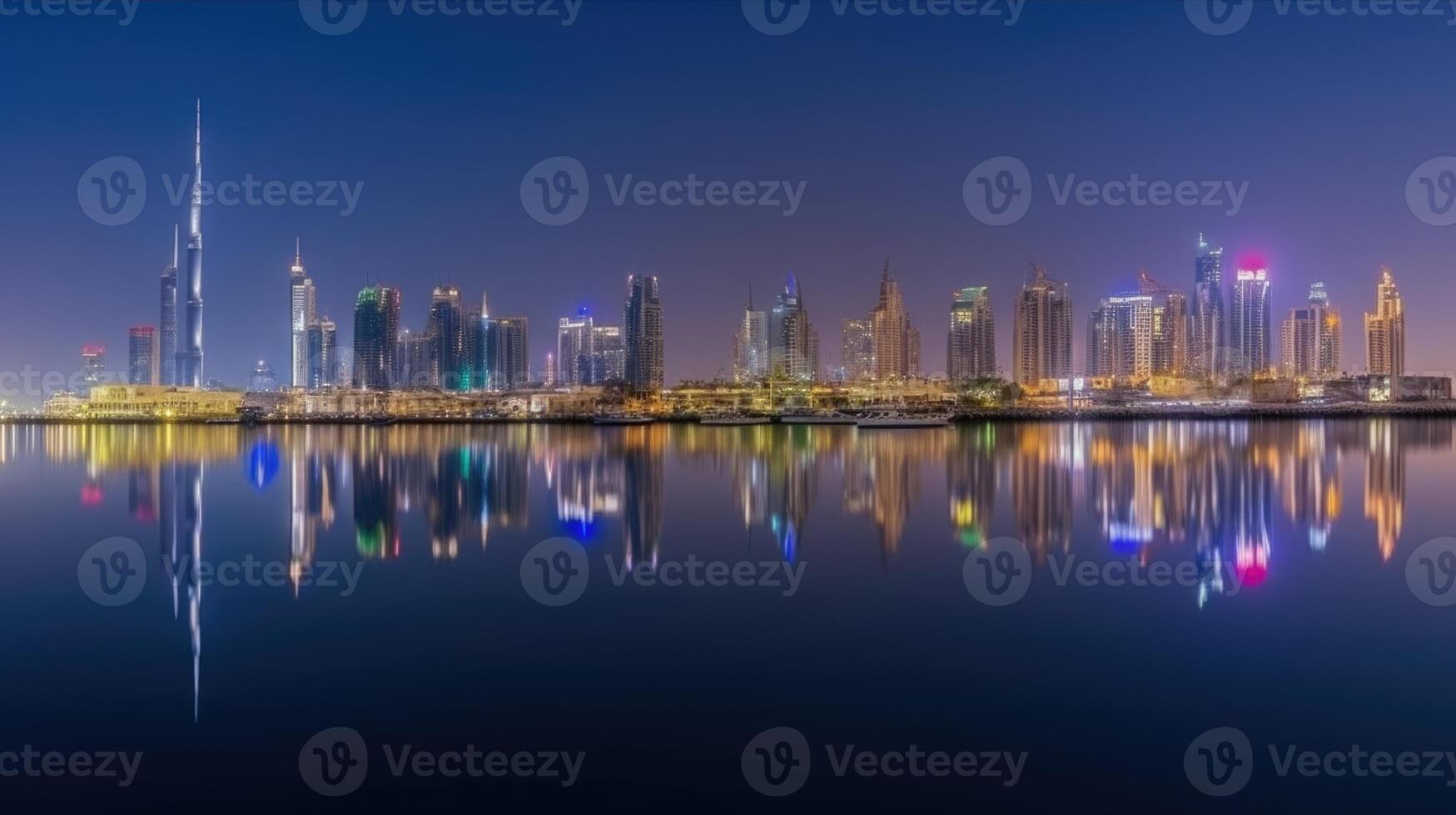 Panorama View of Dubai Skyline Reflecting in the Water During Night Time. Amazing Tourist Destination, Technology. photo