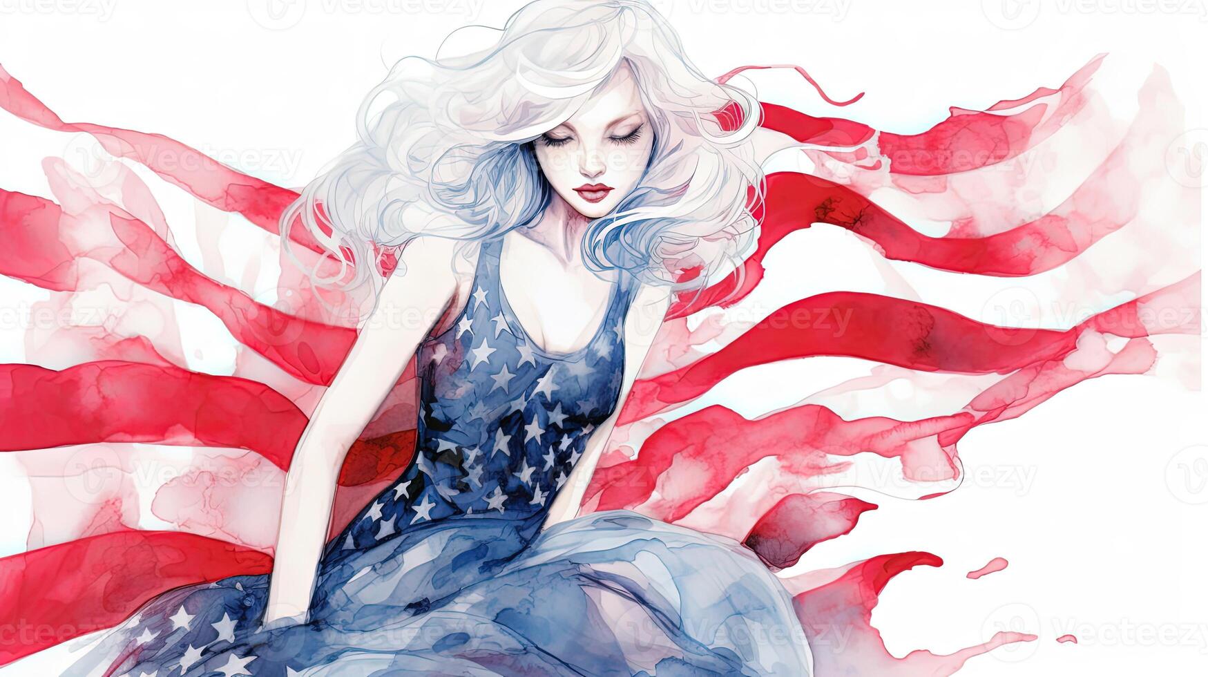 Watercolor Painting of Beautiful Young Girl in American Flag Background, 4th of July Independence Day Celebration Concept. Technology. photo