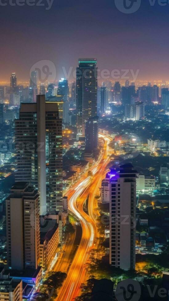 Cityscape Night View of Residential Houses and High Skyscrapers in Financial District at Bangkok Thailand. Generative AI Technology. photo