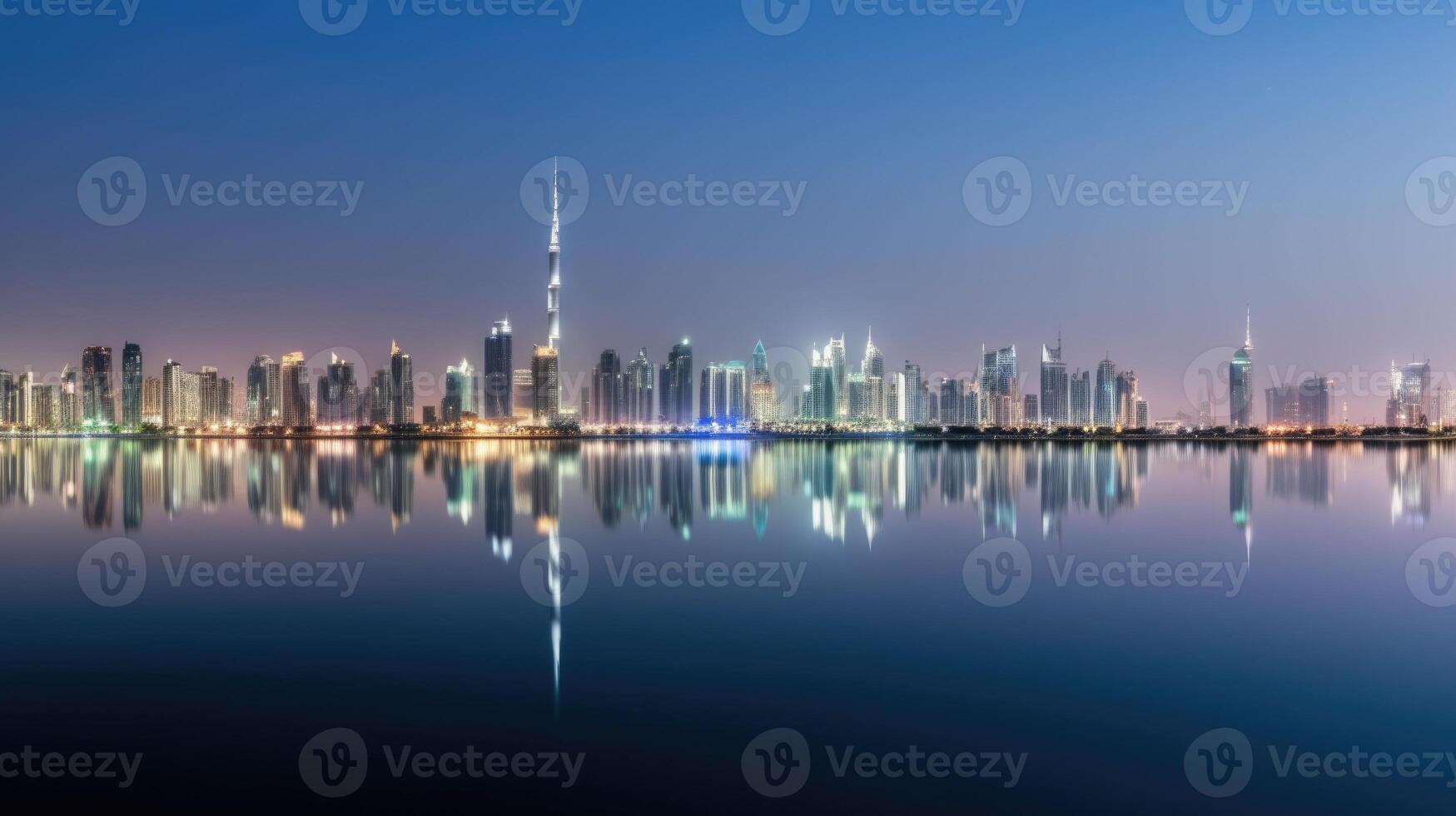 Panorama View of Dubai Skyline Reflecting in the Water During Night Time. Amazing Tourist Destination, Technology. photo