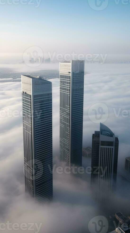 Stunning Photo of Dubai Incredibly Tall Skyscrapers Emerging From Thick Layer of Fog. Generative AI Technology.