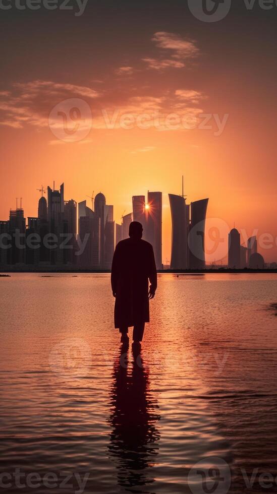 Skyscrapers of Doha, Qatar in Front of the West Bay During Sunset or Sunrise. Amazing Tourist Destination, Generative AI Technology. photo