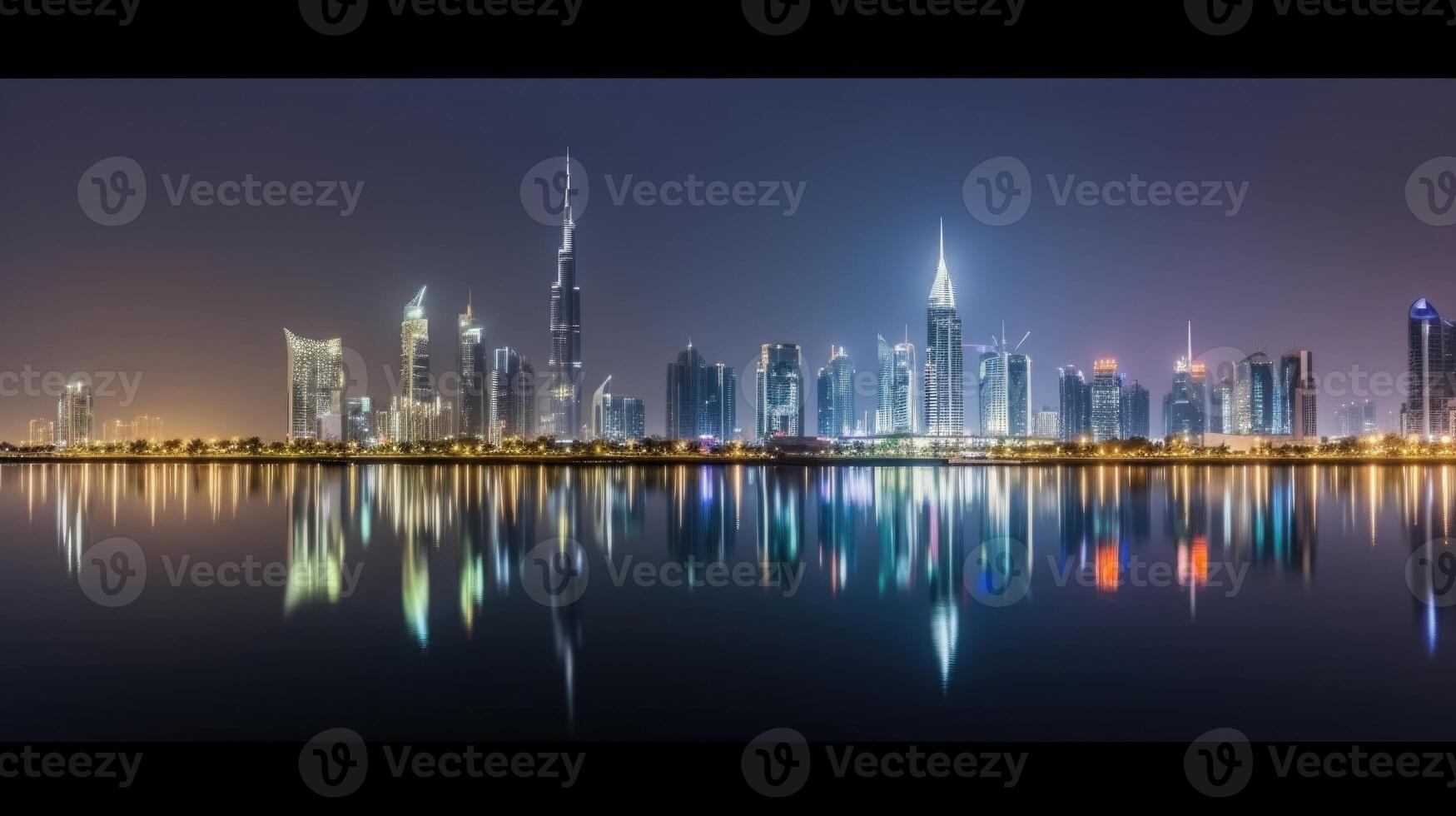 Panorama View of Dubai Skyline Reflecting in the Water During Night Time. Amazing Tourist Destination, Technology. photo
