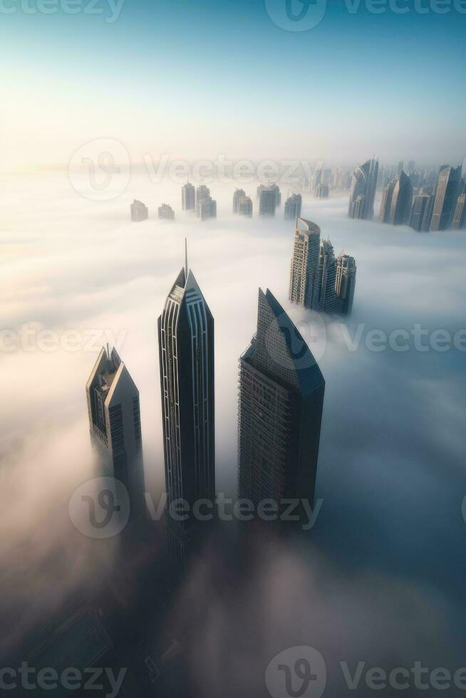 Stunning Photo of Dubai Incredibly Tall Skyscrapers Emerging From Thick Layer of Fog. Generative AI Technology.