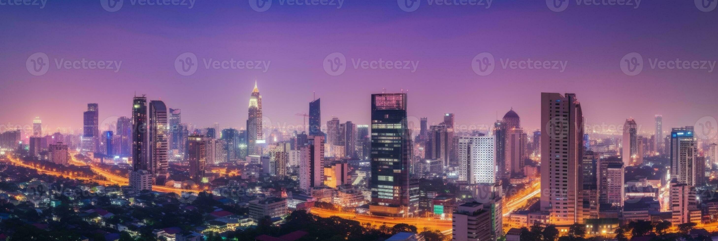 Cityscape Night View of Residential Houses and High Skyscrapers in Financial District at Bangkok Thailand. Generative AI Technology. photo