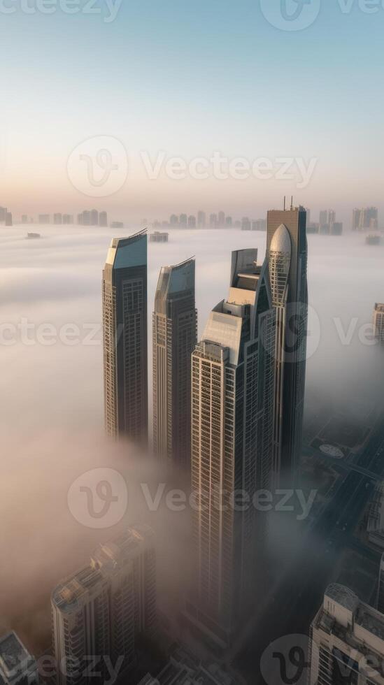 maravilloso foto de dubai increíblemente alto rascacielos emergente desde grueso capa de niebla. generativo ai tecnología.