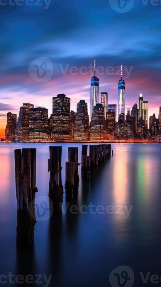 panorámico ver de nuevo York ciudad Manhattan céntrico horizonte a oscuridad en noche tiempo. generativo ai tecnología. foto