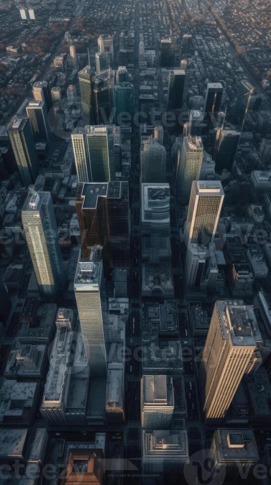 Aerial View of Modern Skyscrapers and Office Buildings in Financial District, Technology. photo