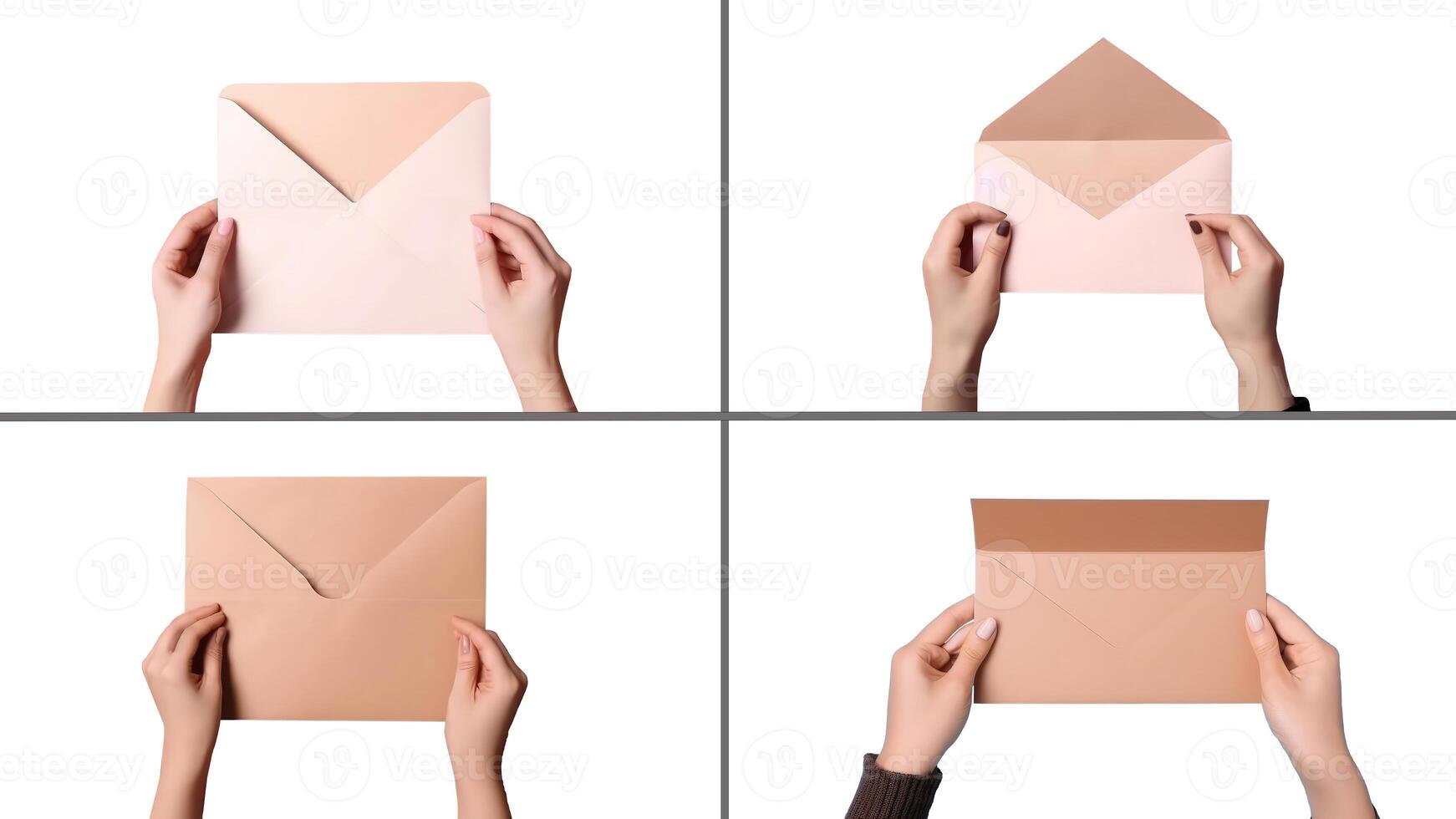 Set of Female Hands Holding Envelopes on White Background, Illustration. photo
