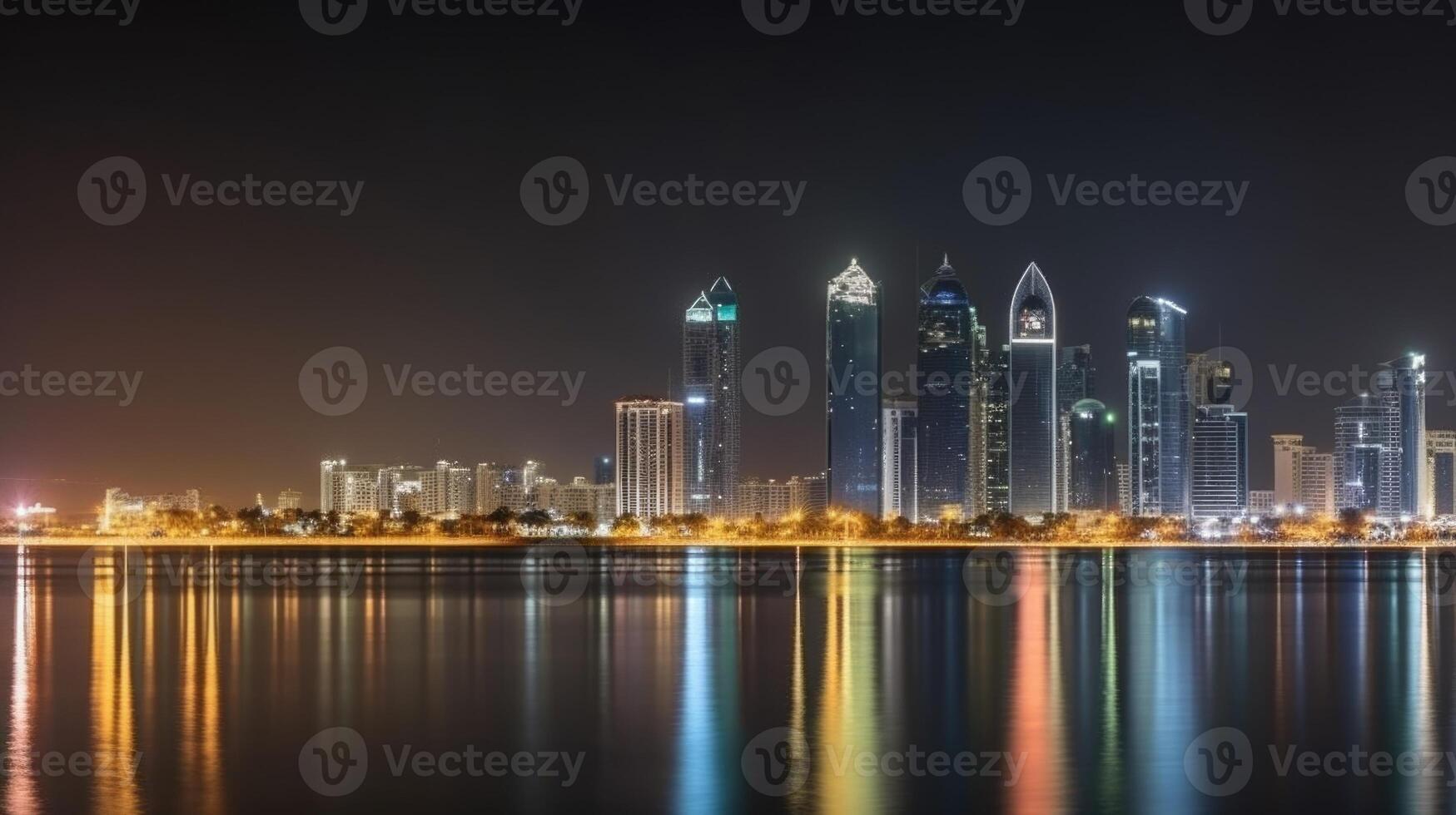 Abu Dhabi UAE Skyline Reflecting in the Water During Night Time. Amazing Dubai Tourist Destination, Technology. photo