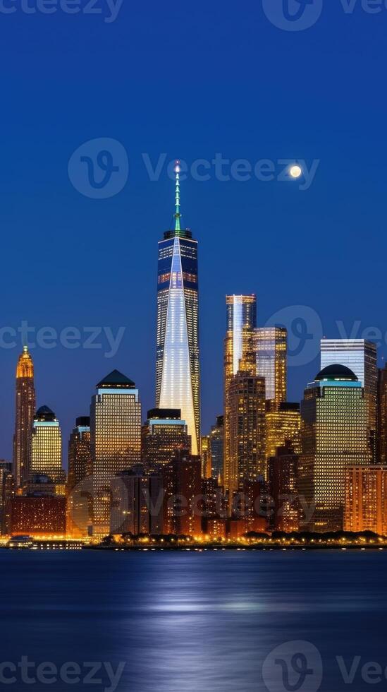 panorámico ver de inferior Manhattan horizonte iluminado a noche en nuevo York ciudad. generativo ai tecnología. foto