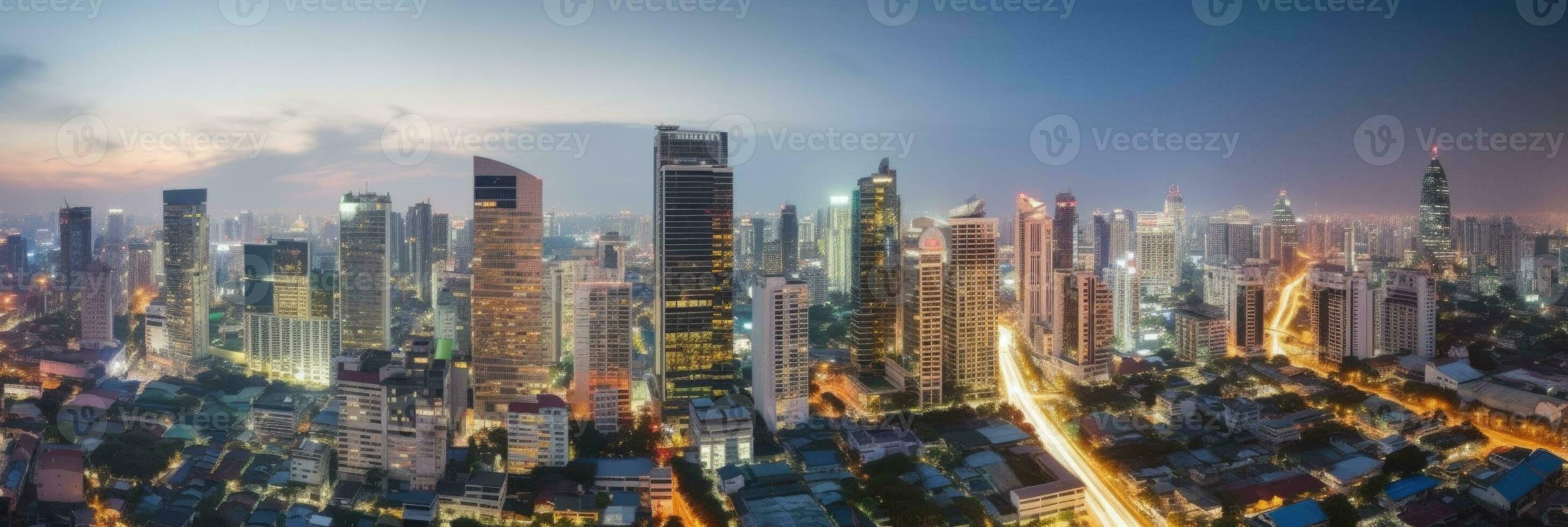 Cityscape Night View of Residential Houses and High Skyscrapers in Financial District at Bangkok Thailand. Generative AI Technology. photo