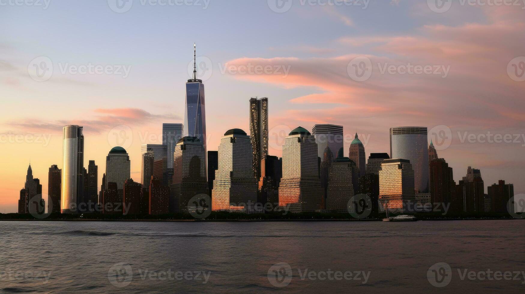 nuevo York ciudad con rascacielos edificios en frente de Oceano durante puesta de sol o amanecer. generativo ai tecnología. foto