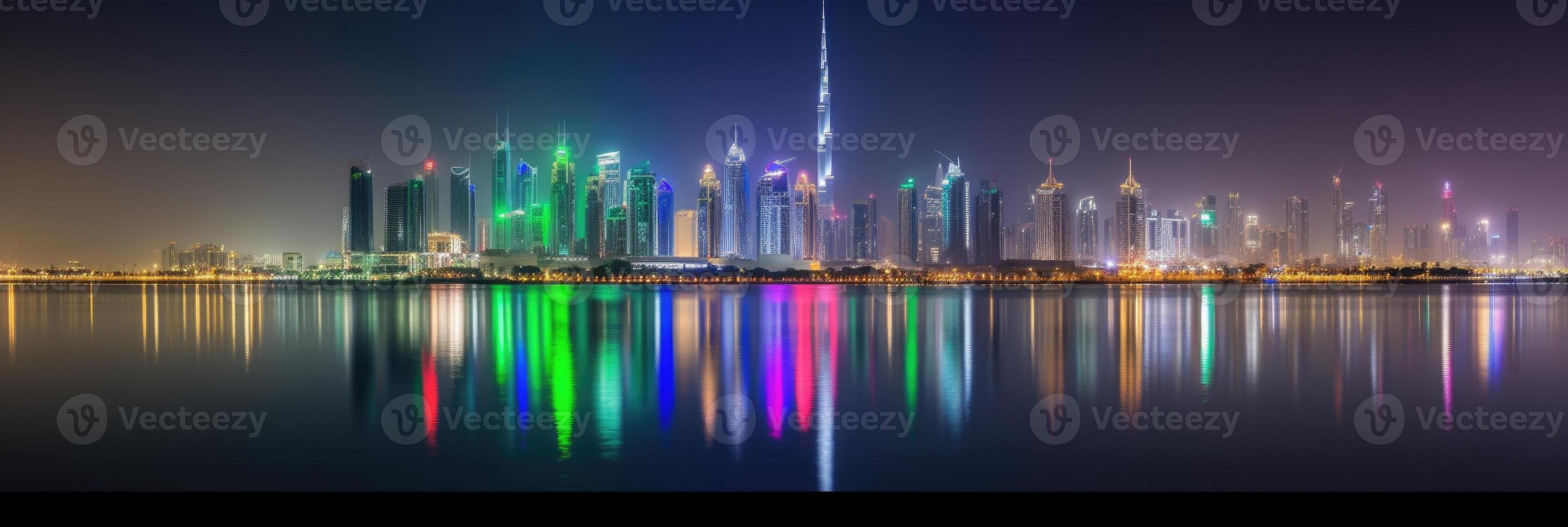 Panorama View of Dubai Skyline Reflecting in the Water During Night Time. Amazing Tourist Destination, Technology. photo