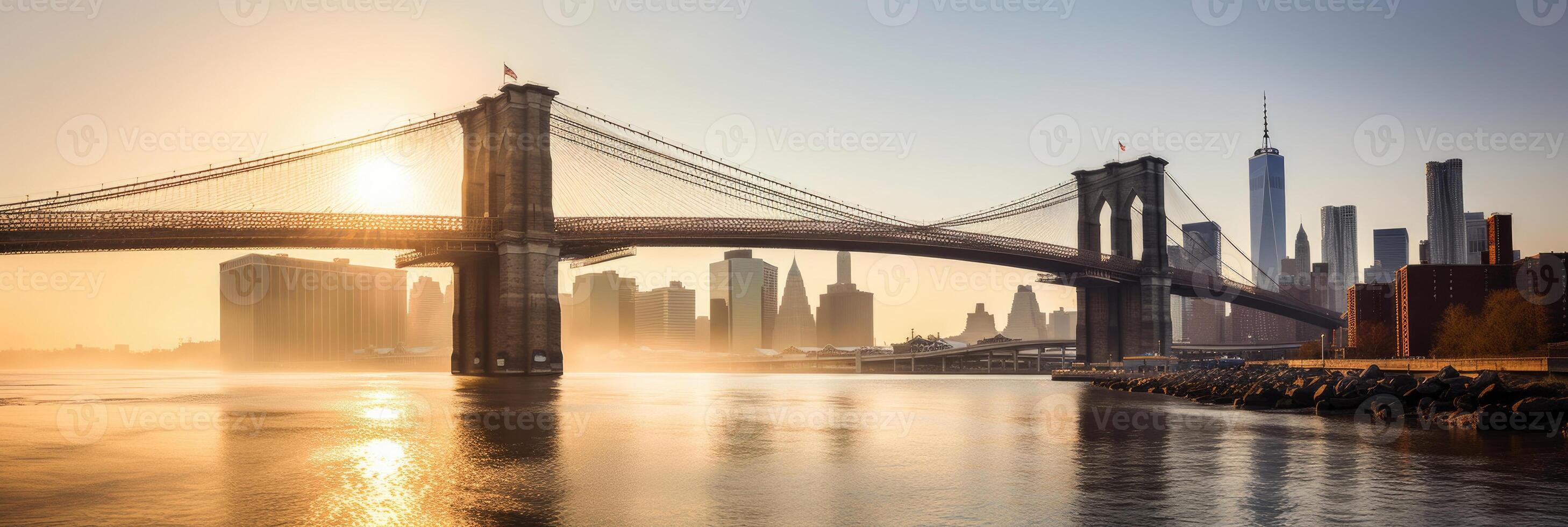 Famous Skyline of Downtown New York and Brooklyn Bridge During Sunlight in Finance District. Technology. photo