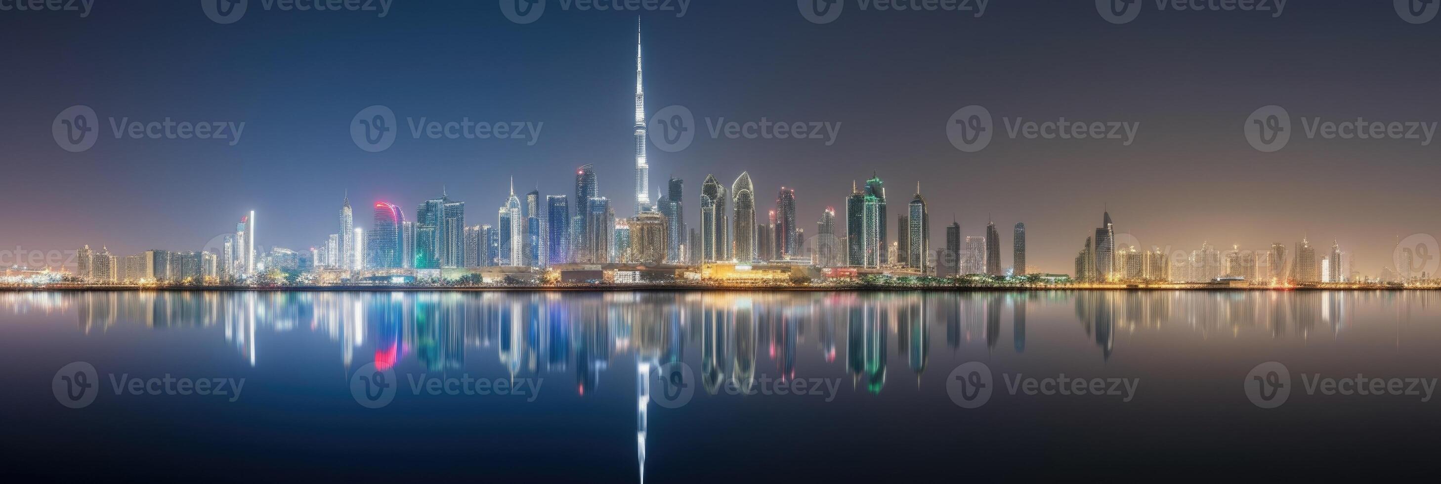 Panorama View of Dubai Skyline Reflecting in the Water During Night Time. Amazing Tourist Destination, Technology. photo