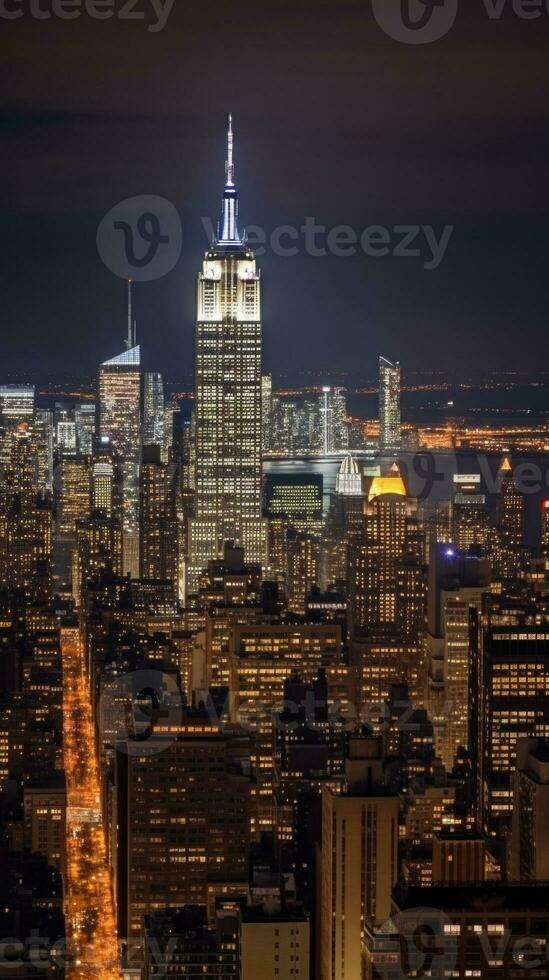 Empire State Building and New York City Skyline Illuminated at Night. Generative AI Technology. photo