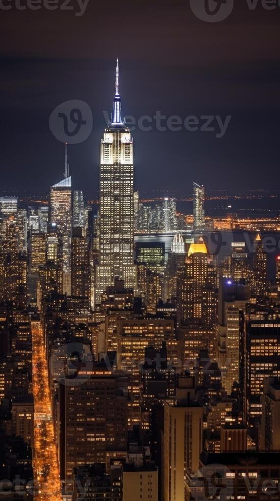 Empire State Building and New York City Skyline Illuminated at Night. Technology. photo