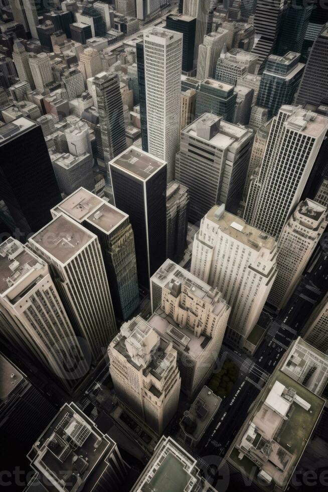 aéreo ver de moderno rascacielos y oficina edificios en financiero distrito, generativo ai tecnología. foto