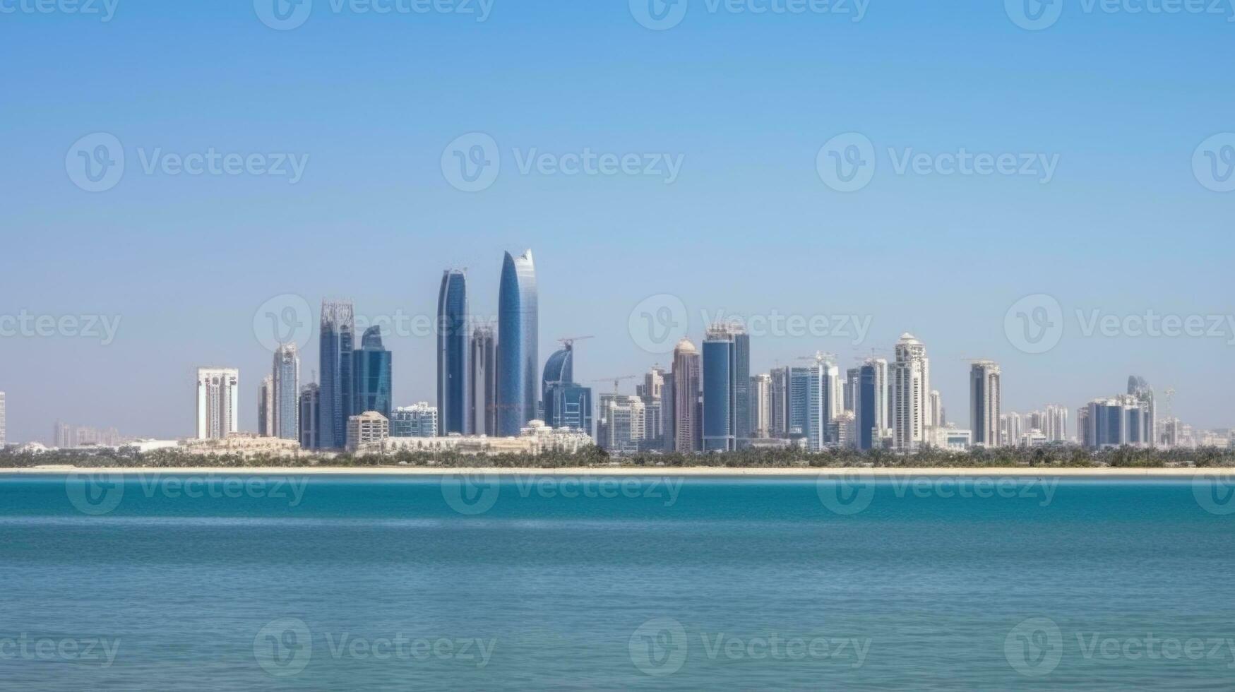 Panoramic View of Abu Dhabi UAE Skyline and Sea Beach in Summer Day. Amazing Tourist Destination, Generative AI Technology. photo