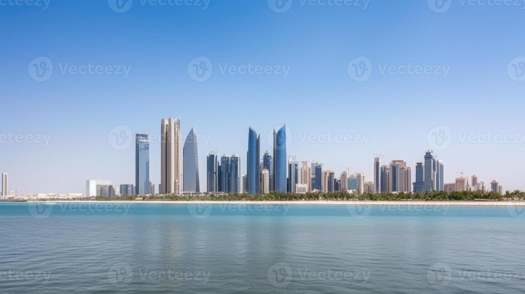 Panoramic View of Abu Dhabi UAE Skyline and Sea Beach in Summer Day. Amazing Tourist Destination, Technology. photo