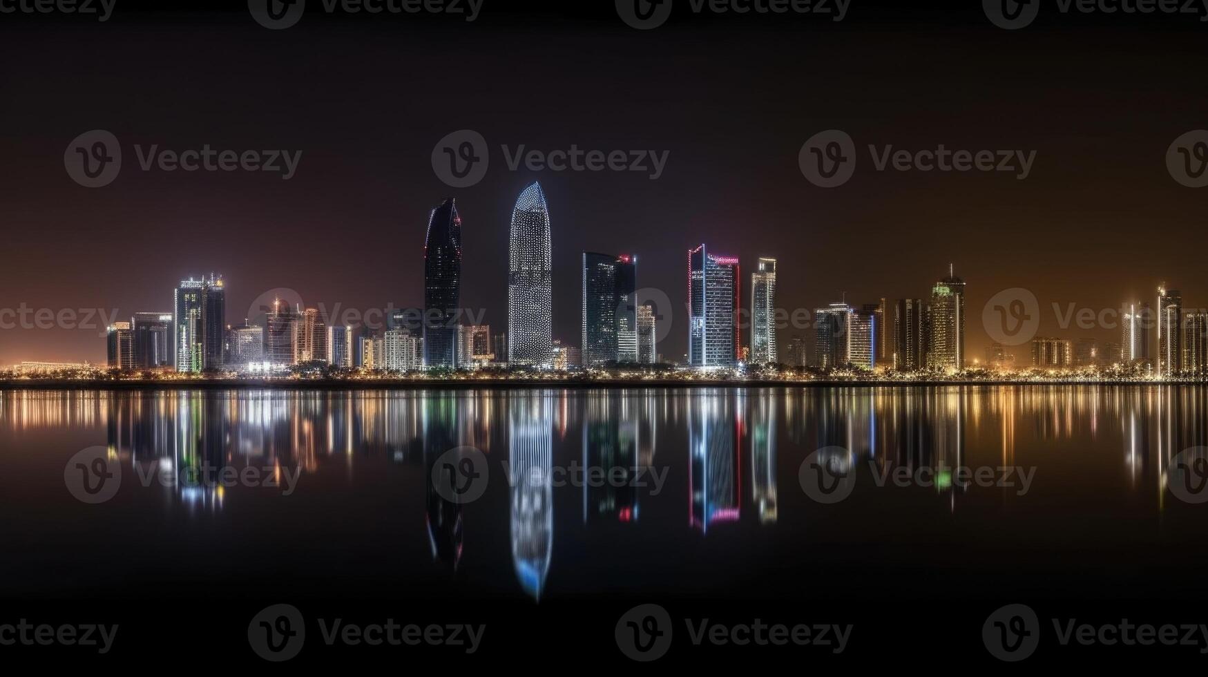 Abu Dhabi UAE Skyline Reflecting in the Water During Night Time. Amazing Dubai Tourist Destination, Generative AI Technology. photo