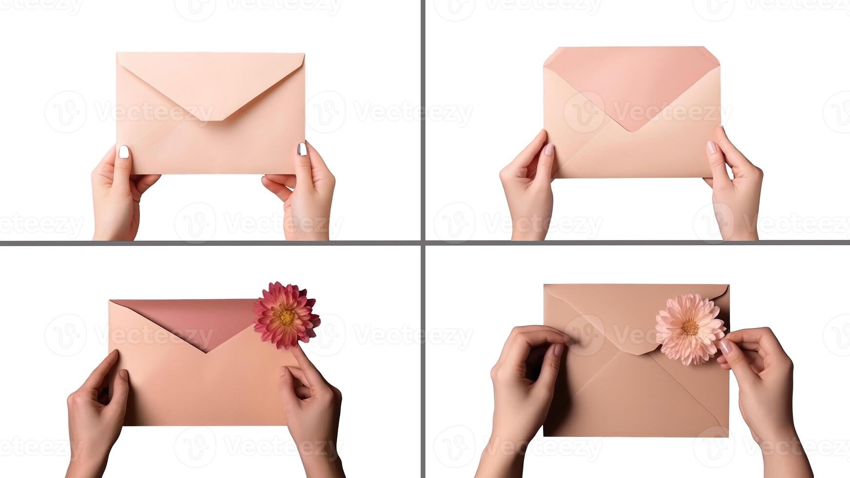 Set of Female Hands Holding Envelopes and Flowers on White Background, Illustration. photo