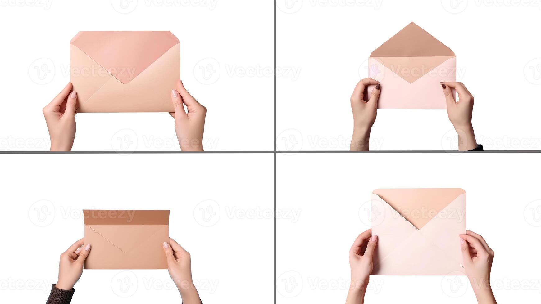 Set of Female Hands Holding Open Envelope on White Background, Illustration. photo