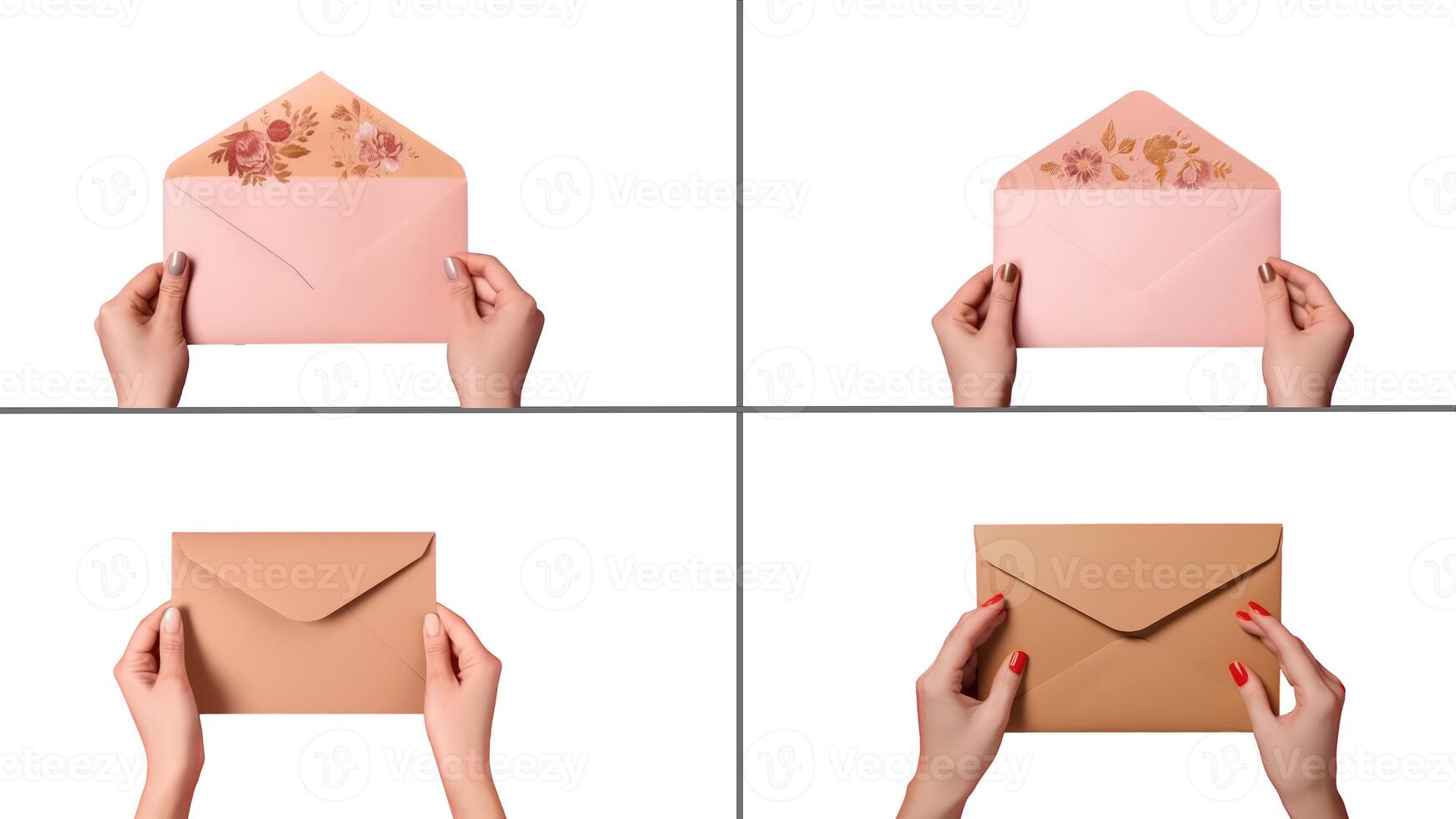 Set of Female Hands Holding Envelopes on White Background, Illustration. photo
