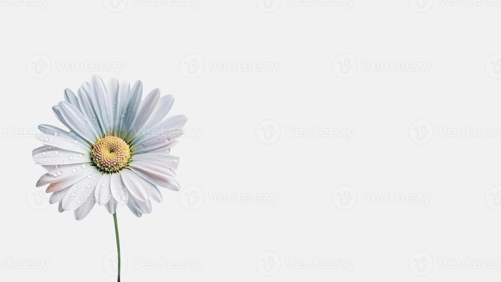 Amazing Water Droplet White Daisy Flower Isolated on White Background and Space for Message. Generative AI. photo