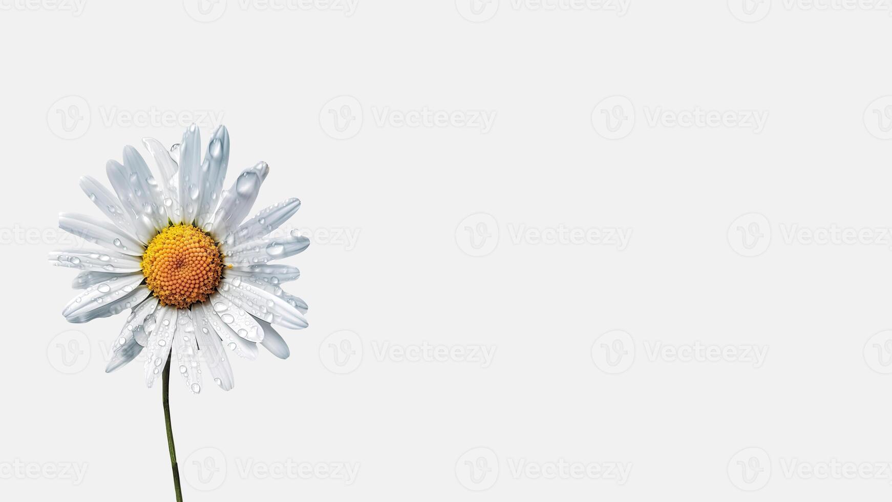 Isolated Beautiful White Daisy Flower with Water Drops on White Background and Space for Message. . photo