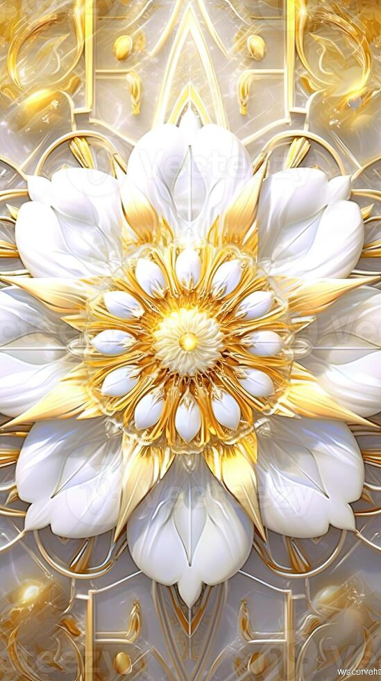 increíble Arte de fractal dorado y blanco flor en geométrico simetría antecedentes. creado por generativo ai tecnología. foto