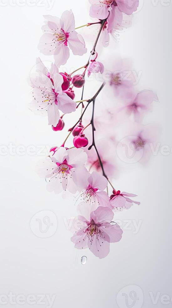 Striking Image of Raining Drops on Peach Flower Branch. . photo