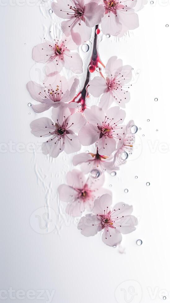 Striking Image of Raining Drops on Peach Flower Branch. . photo