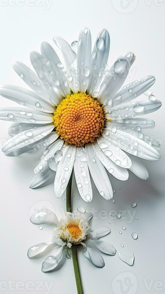 Stunning Close Shot of Blossom White Daisy Flower with Water Drops. Generative AI. photo