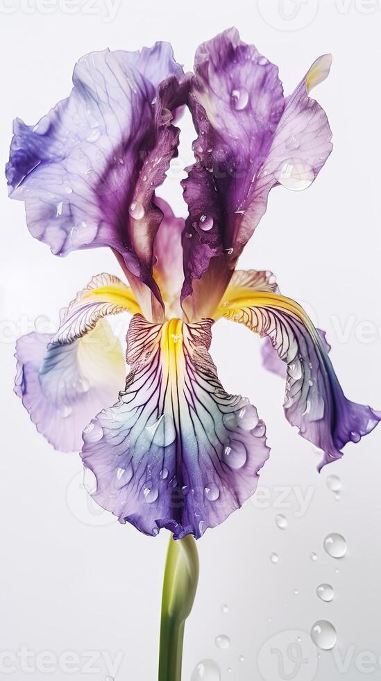 Amazing Image of Purple Blossom Iris Flower with Water Drops. . photo