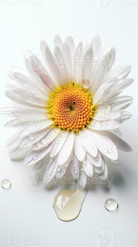 Stunning Close Shot of Blossom White Daisy Flower with Water Drops. Generative AI. photo