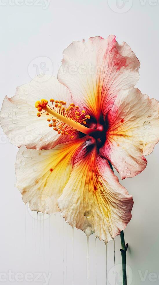 Close Up of Water Droplet Soft Blossom Hibiscus Flower. Generative AI. photo