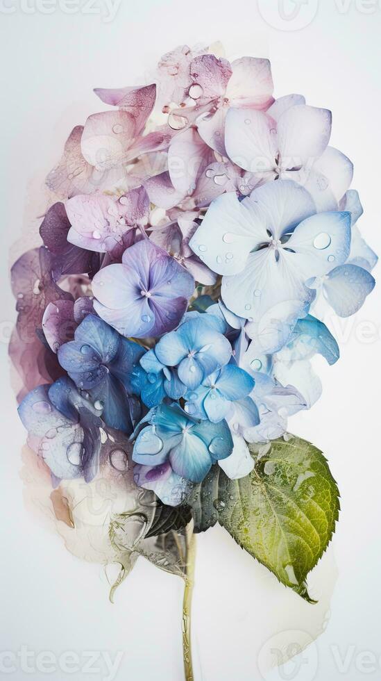 Closeup View of Water Droplets Blossom Hydrangea Flower. Generative AI. photo